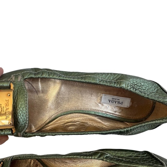 Prada Metallic Olive Leather Plaque Loafers EU 36 Vintage Y2K Made Italy - Picture 11 of 15